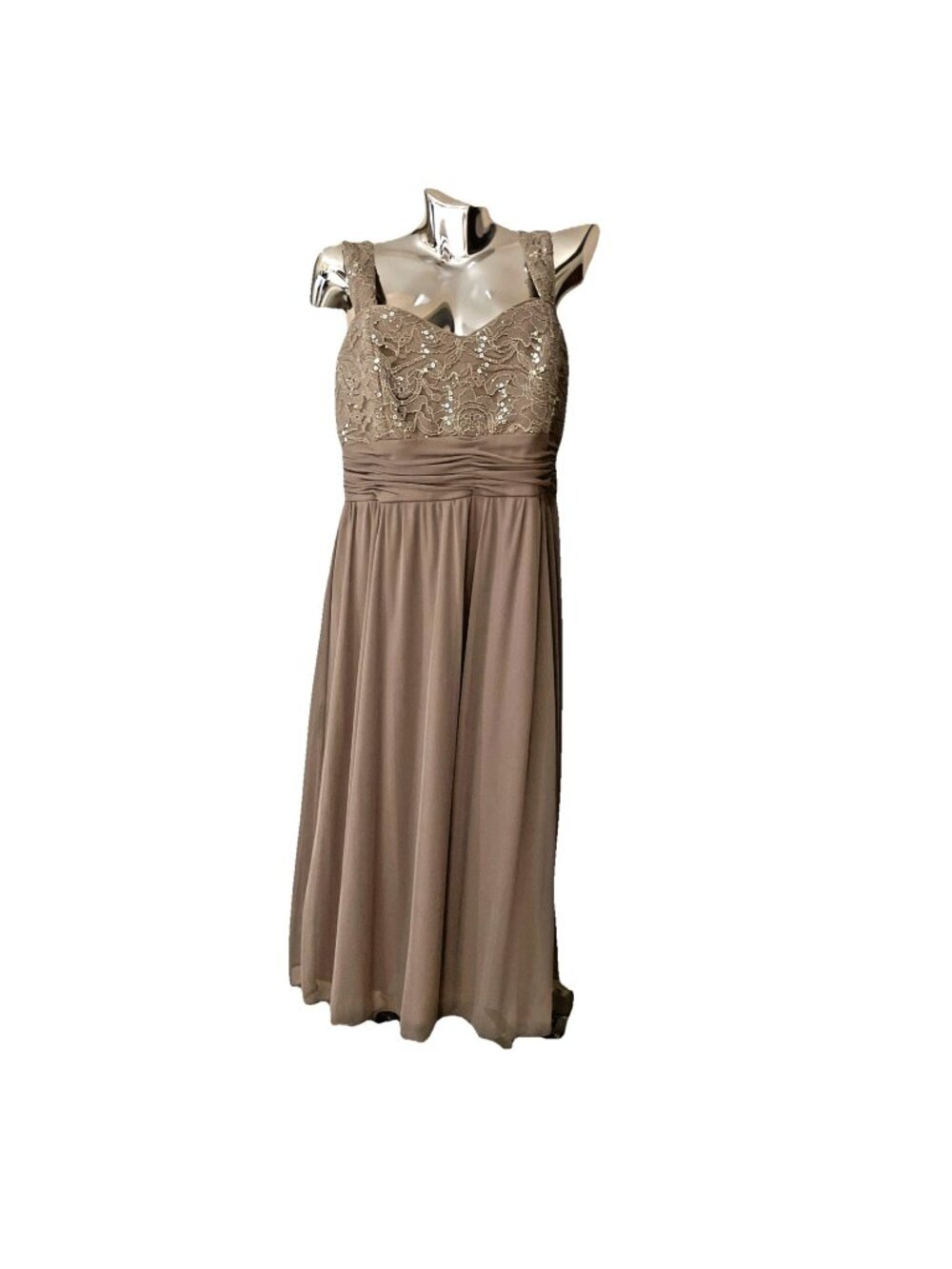 R&M Richards Empire Waist Formal Midi Dress Size 12 Beige Chiffon Sequins Fairy
